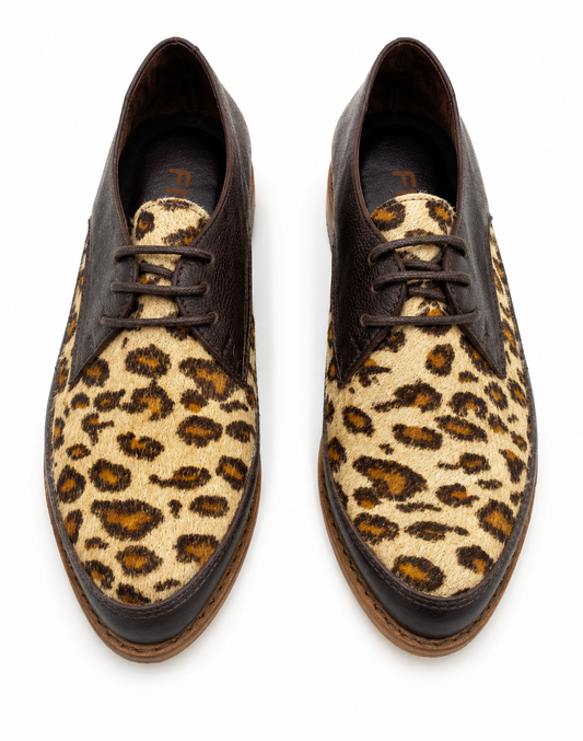 Mocasines de Cuero Café con Animal Print al Tono – Modelo 1453