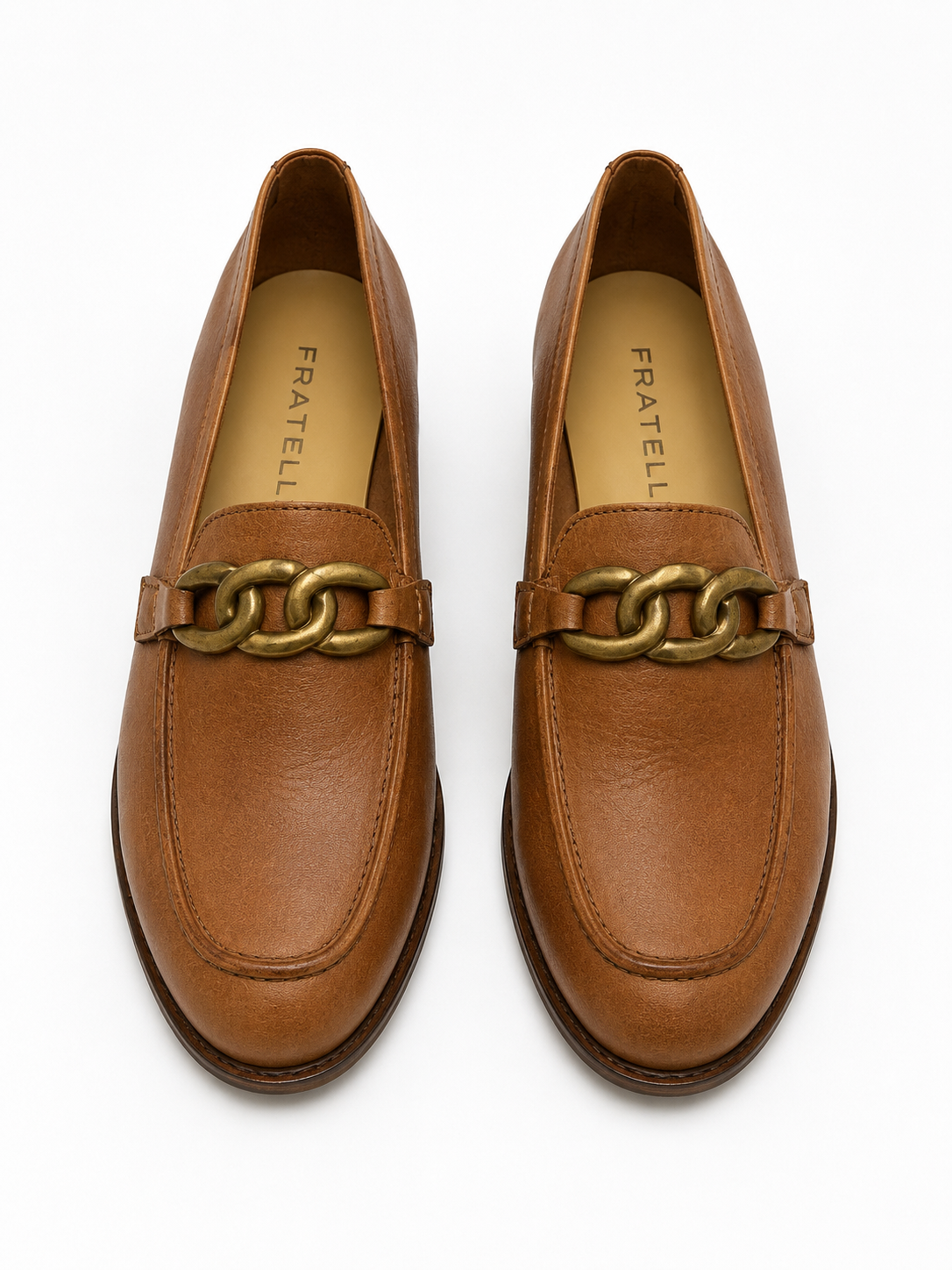 Mocasines de cuero camel con cadena dorada Fratelli